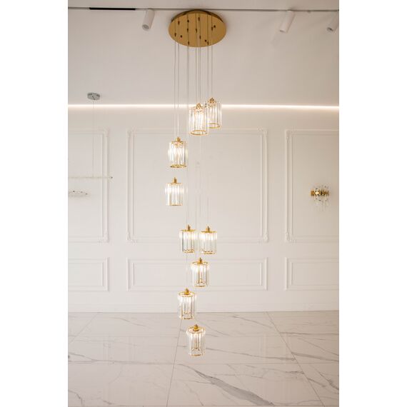 Crystal chandelier, hanging, gold, designer, exclusive, in a modern style, with glass shades, STARS XL hanging lamp above the stairs
