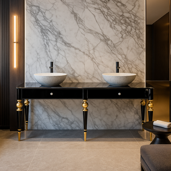 Glamor bathroom console table for wooden washbasins with black and gold drawers QUEEN