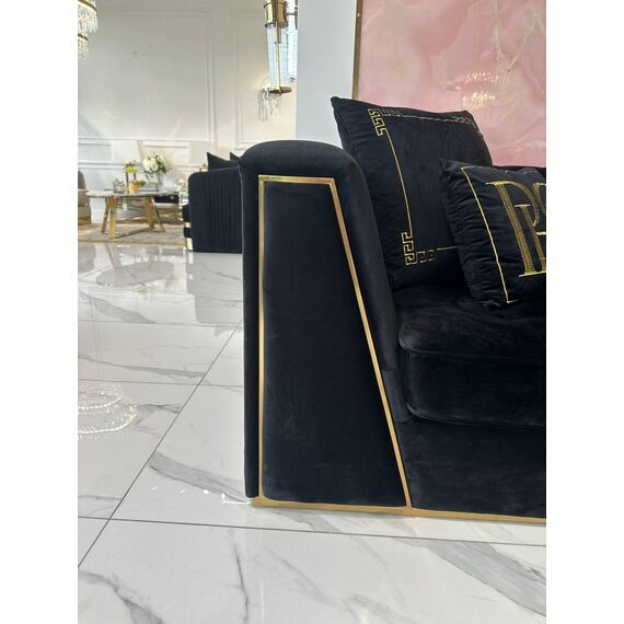 Black velvet quilted sofa, modern in a glamor style, for a golden living room MONTE CARLO