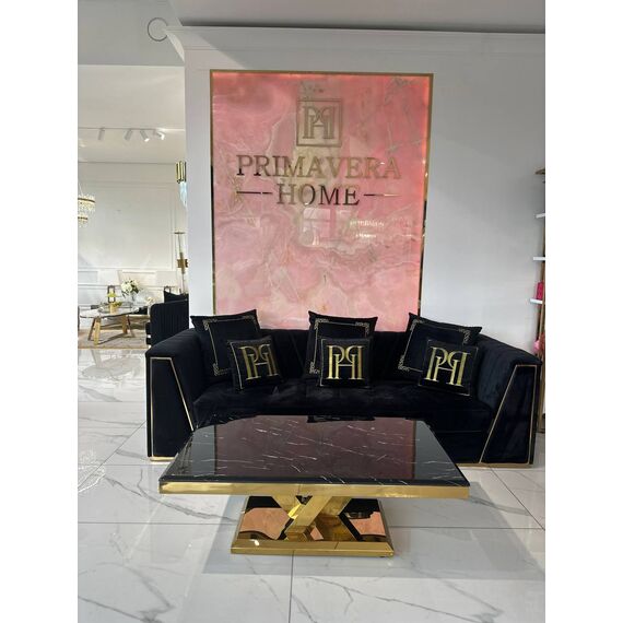 Black velvet quilted sofa, modern in a glamor style, for a golden living room MONTE CARLO