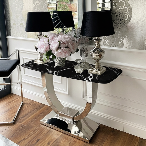 Glamor console in a modern style with a white marble top, silver ART DECO