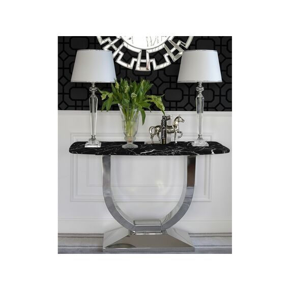 Glamor console in a modern style with a white marble top, silver ART DECO