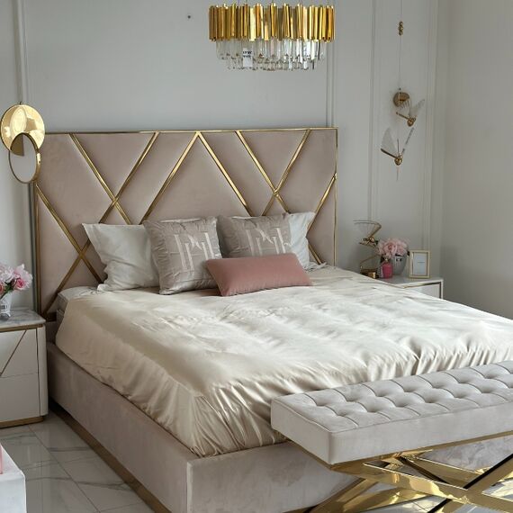 Upholstered glamor bed, modern, with a gold slat, beige 180x200cm IMPERIAL