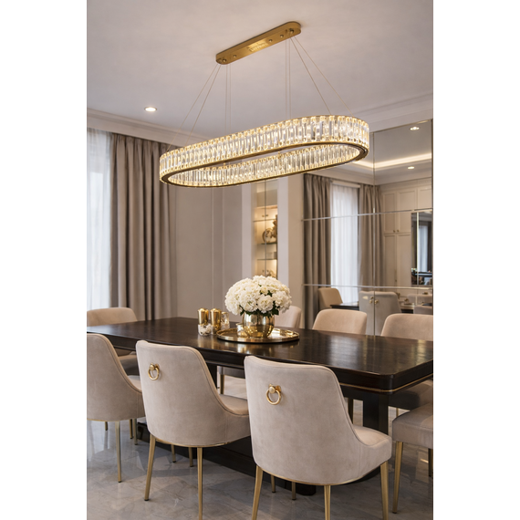 Crystal chandelier, ring, gold, modern glamor pendant lamp for the living room, adjustable ECLIPSE OVAL
