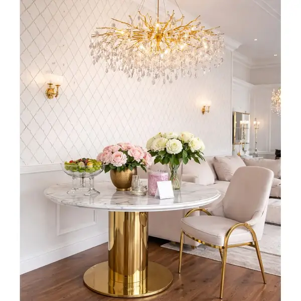 Stół glamour złoty okrągły z marmurowym blatem do jadalni
