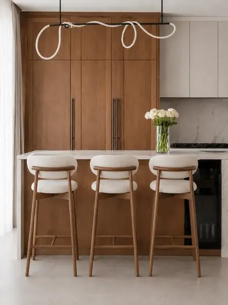 Hoker designerski drewniany nowoczesny tapicerowany do wyspy minimalistyczne krzesło barowe OLIVIA