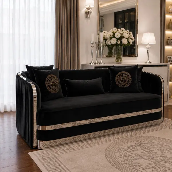 Sofa glamour czarna srebrna nowoczesna 3 osobowa MADONNA OUTLET