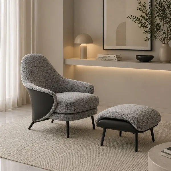 Fotel designerski tapicerowany z podnóżkiem nowoczesny komplet relaksacyjny LINEA
