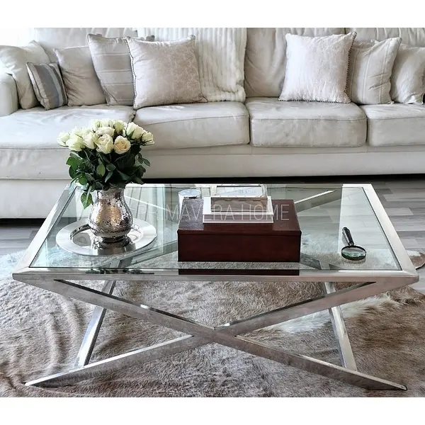 Ława Stolik Kawowy glamour stal nierdzewna ze szklanym blatem srebrny NEW YORK