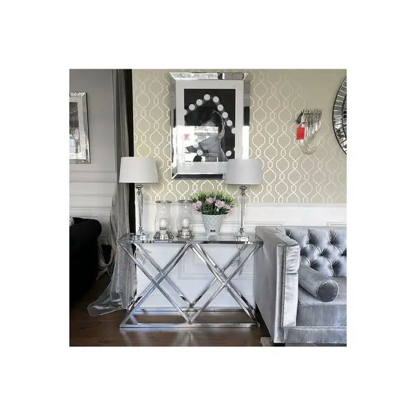 Konsola glamour stylowa srebrna stal nierdzewna z blatem szklanym DONNA