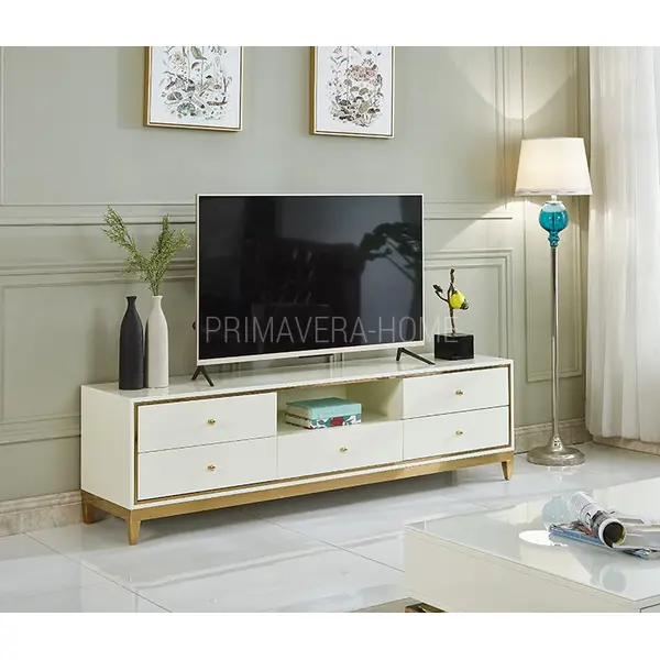 Komoda RTV glamour wysoki połysk biało złota luksusowa klasyczna Lorenzo L Gold