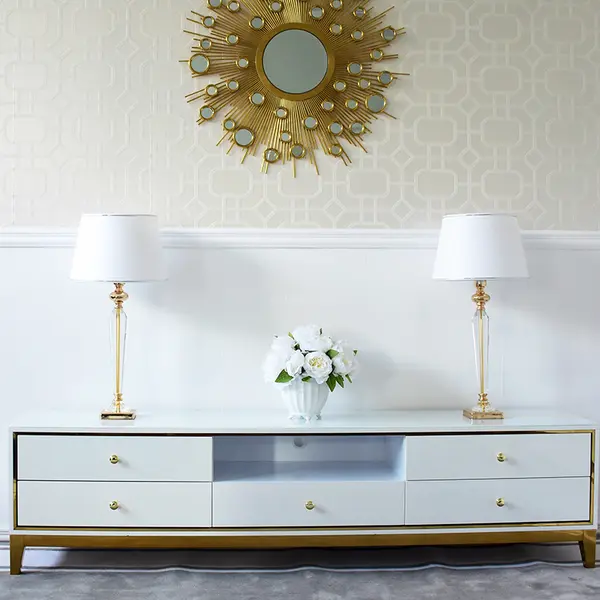Komoda RTV glamour wysoki połysk biało złota luksusowa klasyczna Lorenzo L Gold