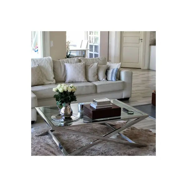 Ława Stolik Kawowy glamour stal nierdzewna ze szklanym blatem srebrny NEW YORK