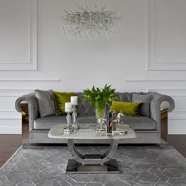 Ekskluzywna sofa pikowana srebrna rozkładana kanapa AVIATOR