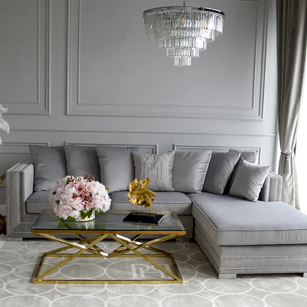 Aksamitny narożnik złoty, srebrny z funkcją spania nowoczesna kanapa narożna NERO