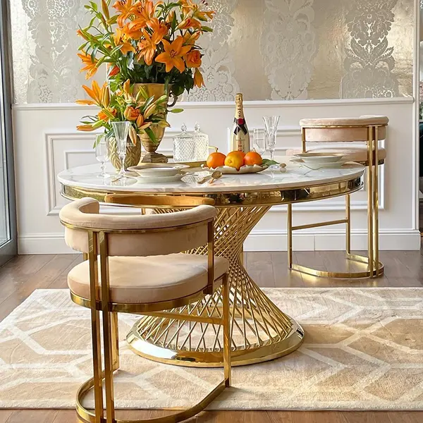 Stół designerski nowoczesny okrągły do jadalni z blatem  biały, czarny marmur lub Patagonia,  złoty 130 cm ANTONIO