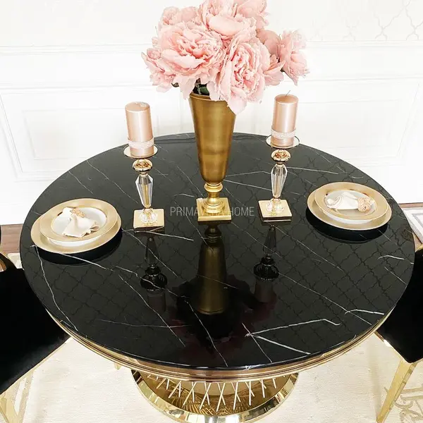 Stół designerski nowoczesny okrągły do jadalni z blatem  biały, czarny marmur lub Patagonia,  złoty 130 cm ANTONIO