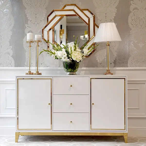 Komoda glamour stylowa nowoczesna  lakierowana luksusowa LORENZO drewniana biała złota