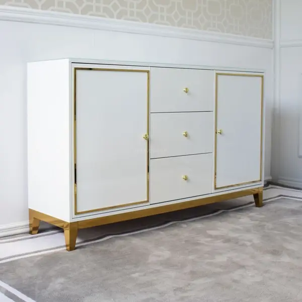 Komoda glamour stylowa nowoczesna  lakierowana luksusowa LORENZO drewniana biała złota