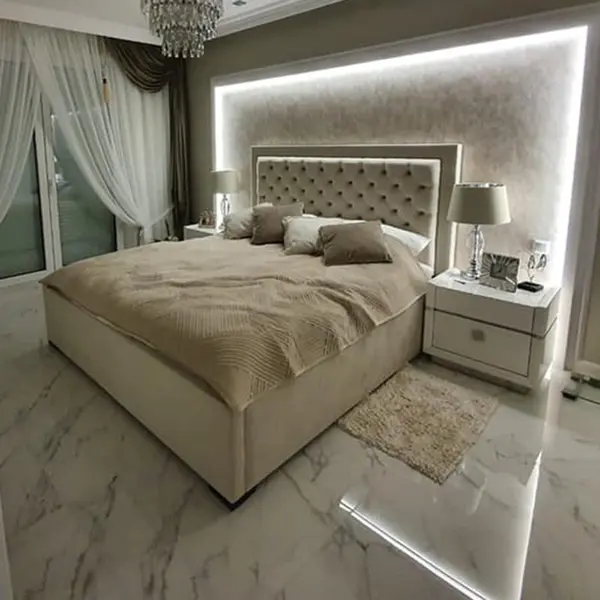 Łóżko glamour tapicerowane pikowane chesterfield, nowojorskie szare, białe MODERN