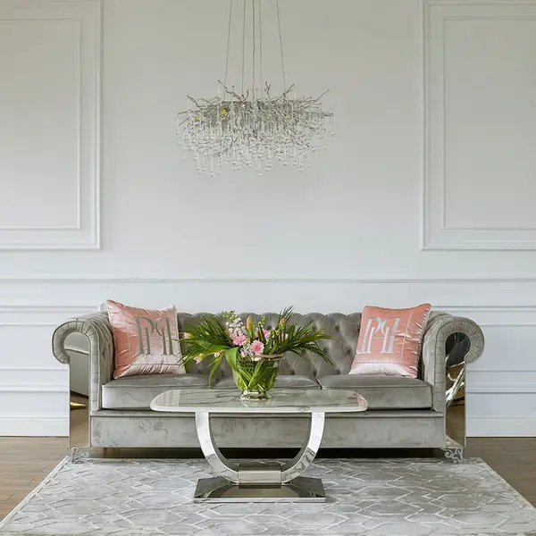 Ekskluzywna sofa pikowana srebrna rozkładana kanapa AVIATOR