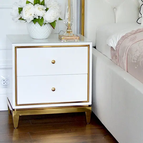 Glamour white gold lacquered bedside cabinet for bedroom Lorenzo S Gold OUTLET