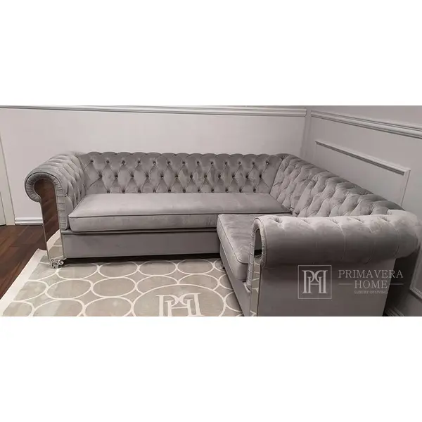 Sofa glamour klasyczna, narożna, w stylu chesterfield, nowoczesna, tapicerowana, z lustrzanymi frontami, designerska, wygodna, rozkładana złota, srebrna AVIATOR