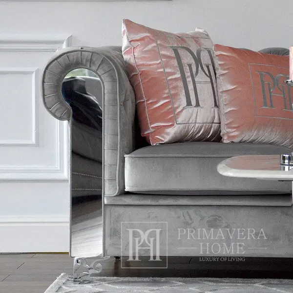 Sofa glamour klasyczna, narożna, w stylu chesterfield, nowoczesna, tapicerowana, z lustrzanymi frontami, designerska, wygodna, rozkładana złota, srebrna AVIATOR