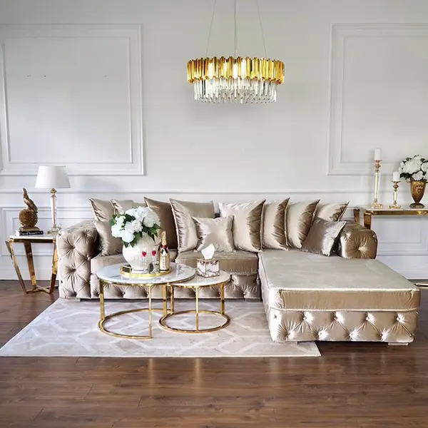 Luksusowy pikowany narożnik z funkcją spania aksamitna złota sofa narożna MILANO