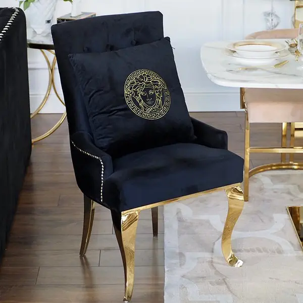 Decorative black velvet pillow with gold logo Medusa