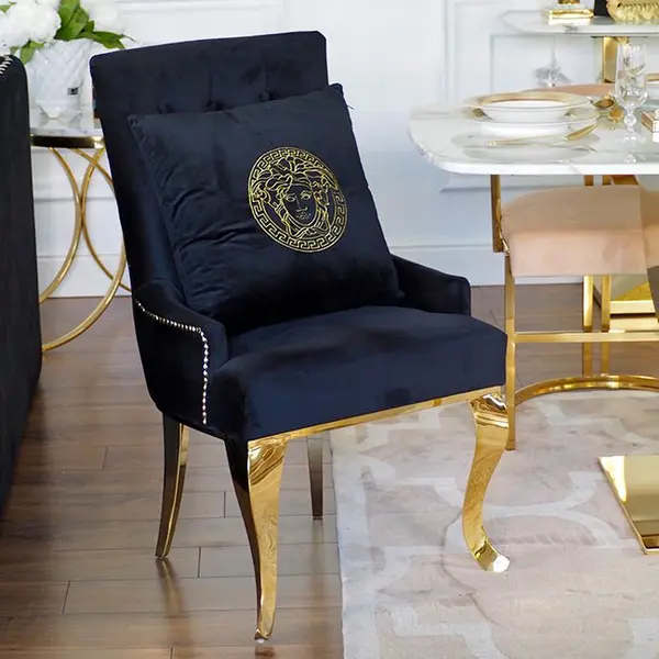 Decorative black velvet pillow with gold logo Medusa