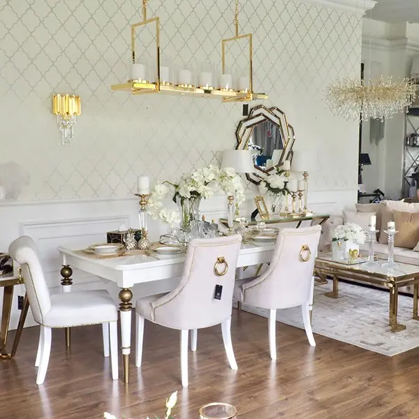 Stół rozkladany drewniany glamour do jadalni, wysoki połysk, biały złoty QUEEN OUTLET