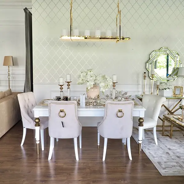 Stół rozkladany drewniany glamour do jadalni, wysoki połysk, biały złoty QUEEN OUTLET