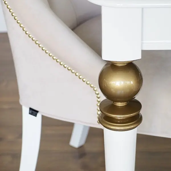 Stół rozkladany drewniany glamour do jadalni, wysoki połysk, biały złoty QUEEN OUTLET