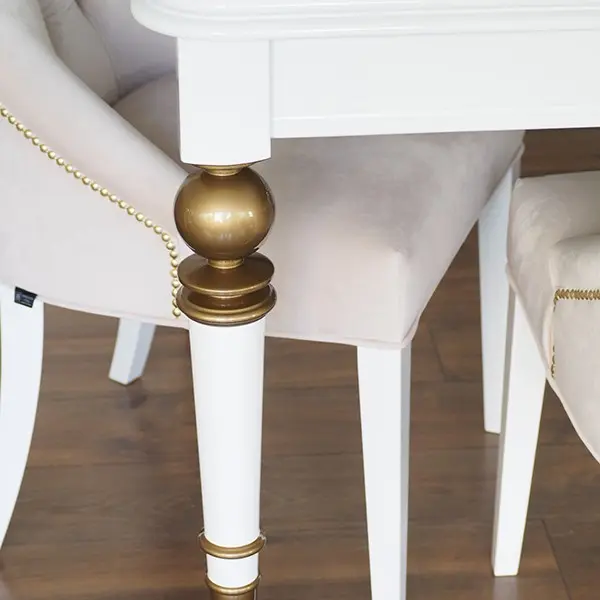 Stół rozkladany drewniany glamour do jadalni, wysoki połysk, biały złoty QUEEN OUTLET