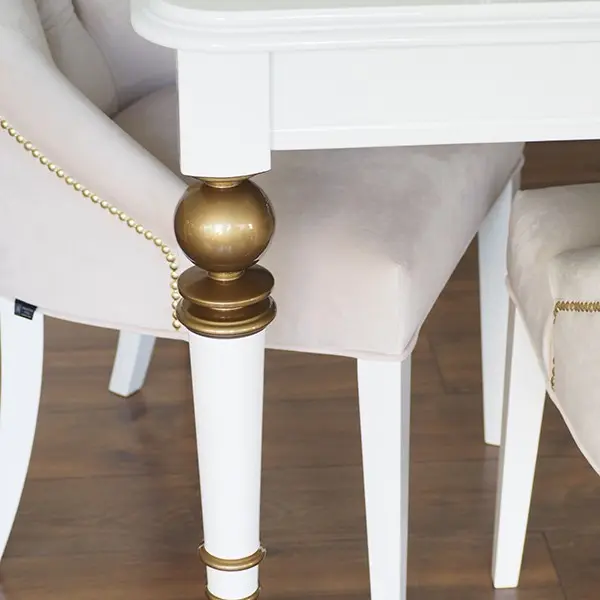 Stół rozkladany drewniany glamour do jadalni, wysoki połysk, biały złoty QUEEN OUTLET