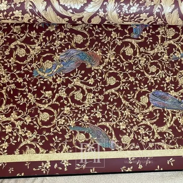 Tapeta glamour Versace Barocco Birds ornament ptaki, czerwony złoty