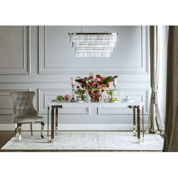 Krzesło glamour klasyczne z giętymi nogami, pikowane, tapicerowane, nowoczesne, z kołatką, do jadalni, do salonu, srebrne GRETA