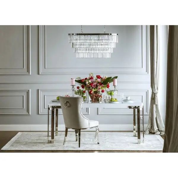 Krzesło glamour klasyczne z giętymi nogami, pikowane, tapicerowane, nowoczesne, z kołatką, do jadalni, do salonu, srebrne GRETA