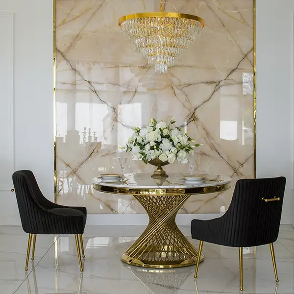 Stół designerski nowoczesny okrągły do jadalni z blatem  biały, czarny marmur lub Patagonia,  złoty 130 cm ANTONIO