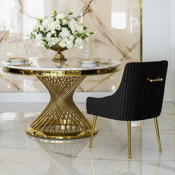 Stół designerski nowoczesny okrągły do jadalni z blatem  biały, czarny marmur lub Patagonia,  złoty 130 cm ANTONIO