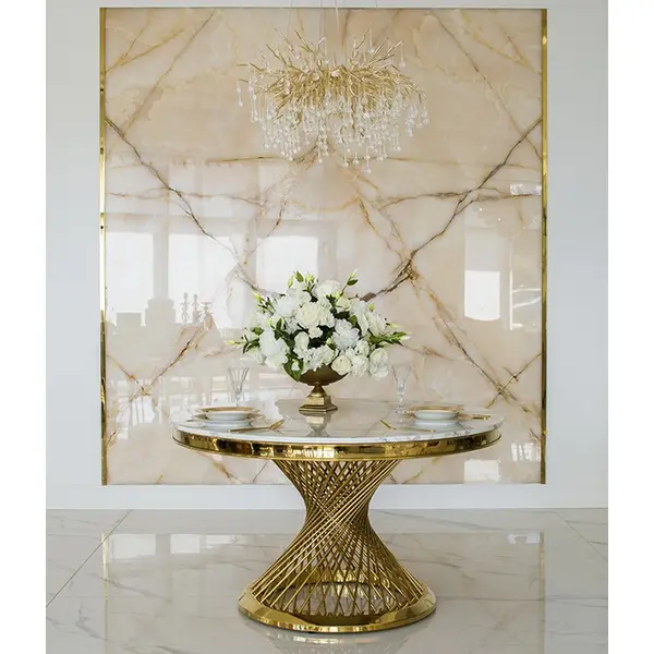 Stół designerski nowoczesny okrągły do jadalni z blatem  biały, czarny marmur lub Patagonia,  złoty 130 cm ANTONIO