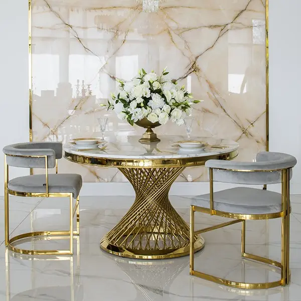 Stół designerski nowoczesny okrągły do jadalni z blatem  biały, czarny marmur lub Patagonia,  złoty 130 cm ANTONIO