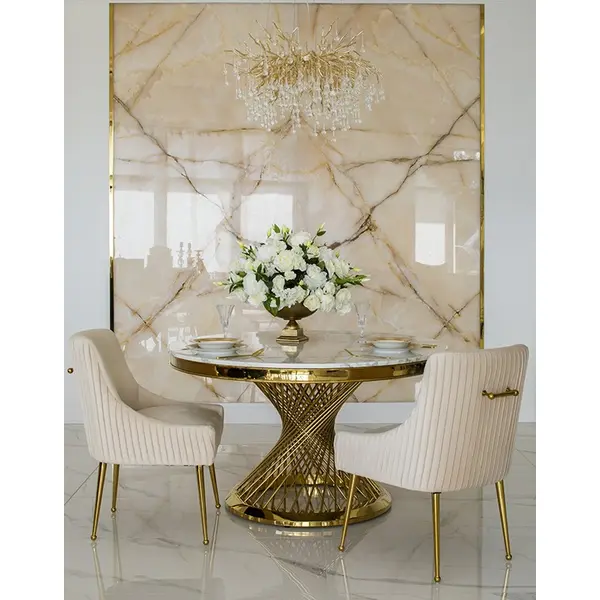 Stół designerski nowoczesny okrągły do jadalni z blatem  biały, czarny marmur lub Patagonia,  złoty 130 cm ANTONIO