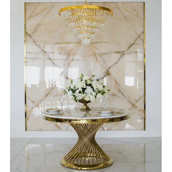 Stół designerski nowoczesny okrągły do jadalni z blatem  biały, czarny marmur lub Patagonia,  złoty 130 cm ANTONIO