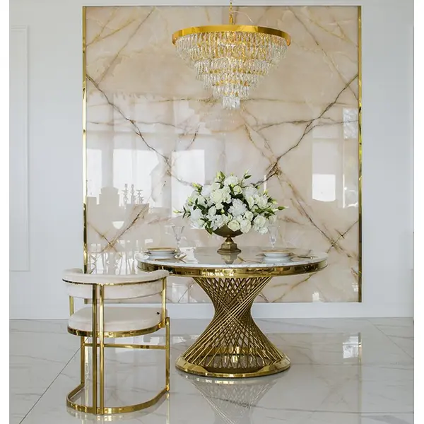 Stół designerski nowoczesny okrągły do jadalni z blatem  biały, czarny marmur lub Patagonia,  złoty 130 cm ANTONIO