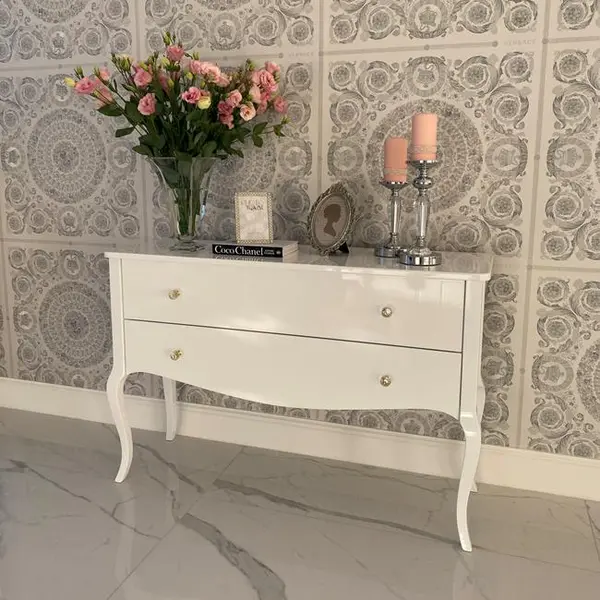 Komoda glamour łazienkowa wysoki połysk ELENA biała, gięte nogi, luksusowa, stylowa, nowoczesna , nowojorska