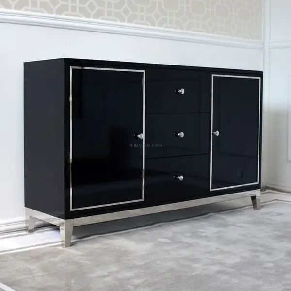 A glamor lacquered wooden chest of drawers with steel legs, black modern Lorenzo L Silver OUTLET