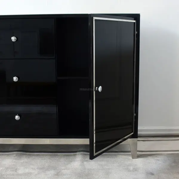 A glamor lacquered wooden chest of drawers with steel legs, black modern Lorenzo L Silver OUTLET