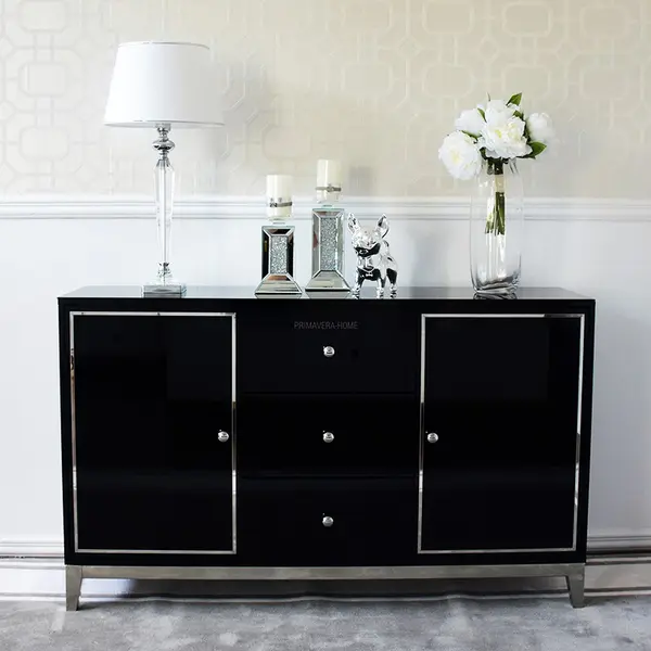 A glamor lacquered wooden chest of drawers with steel legs, black modern Lorenzo L Silver OUTLET